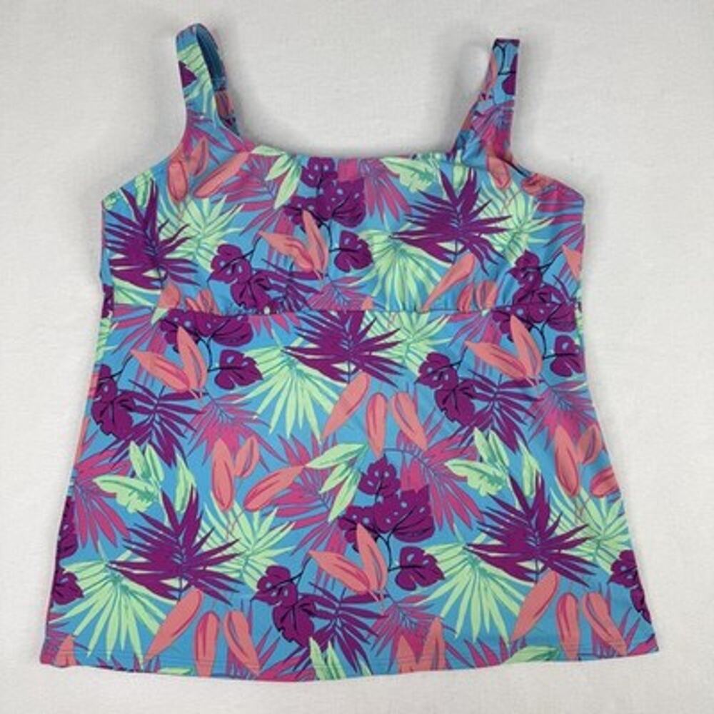 Lands' End Tropical Tankini Swim Top 16 Blue Floral Lined Bra Stretch